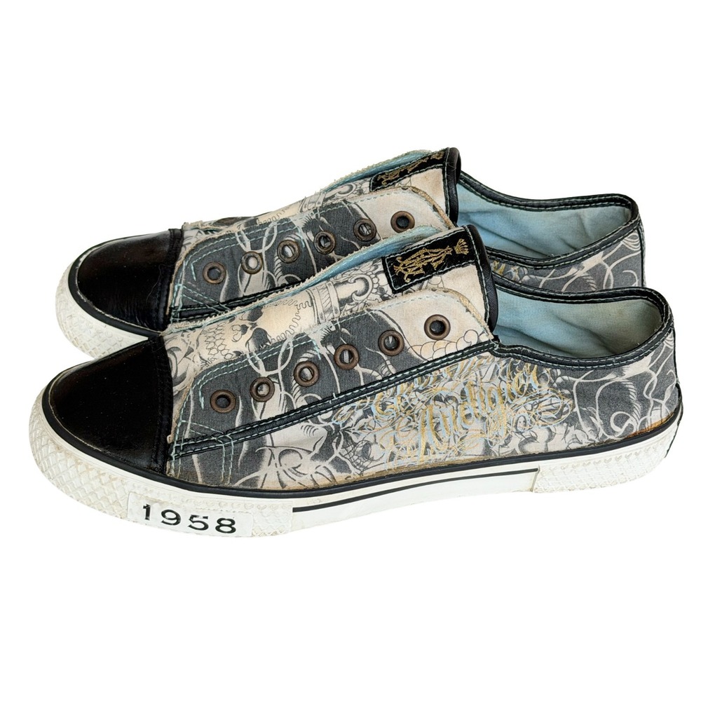 Vintage Ed Hardy Y2K Women's Size 8 Tattoo Print Canvas Slip On Sneakers